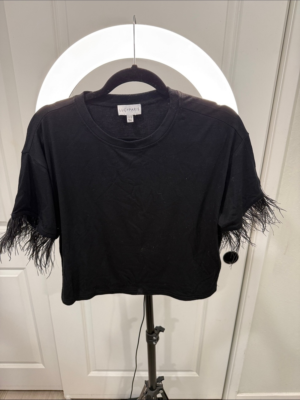 Lucy Paris Black Feather-Trim Cropped Tee